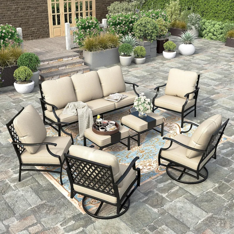 QHERA'S HOUSE 7 Piece Patio Furniture Set, 2 x Swivel , 2 x Fixed Chair, 2 x Ottoman, 1x3-Seat Sofa, All Cushioned Outdoo