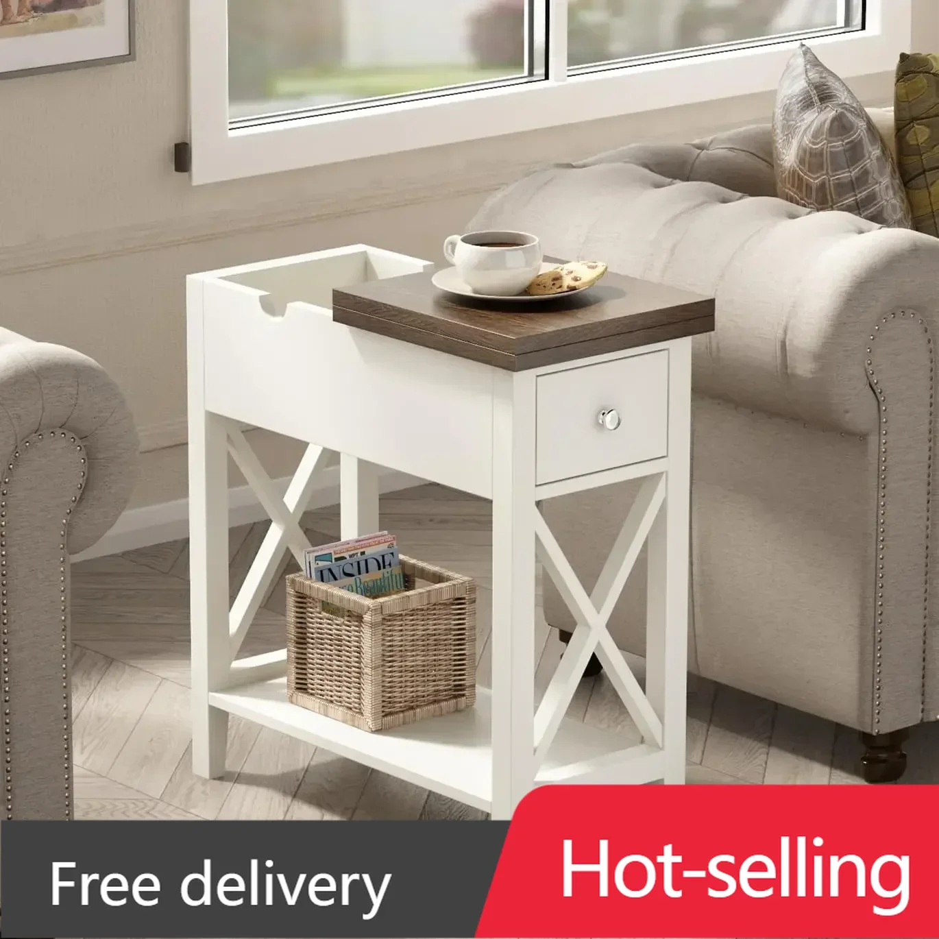 

Farmhouse End Table with Drawer, Accent Small Side Table Nightstand for Living Room, Bedroom, and Small Spaces - Soft White