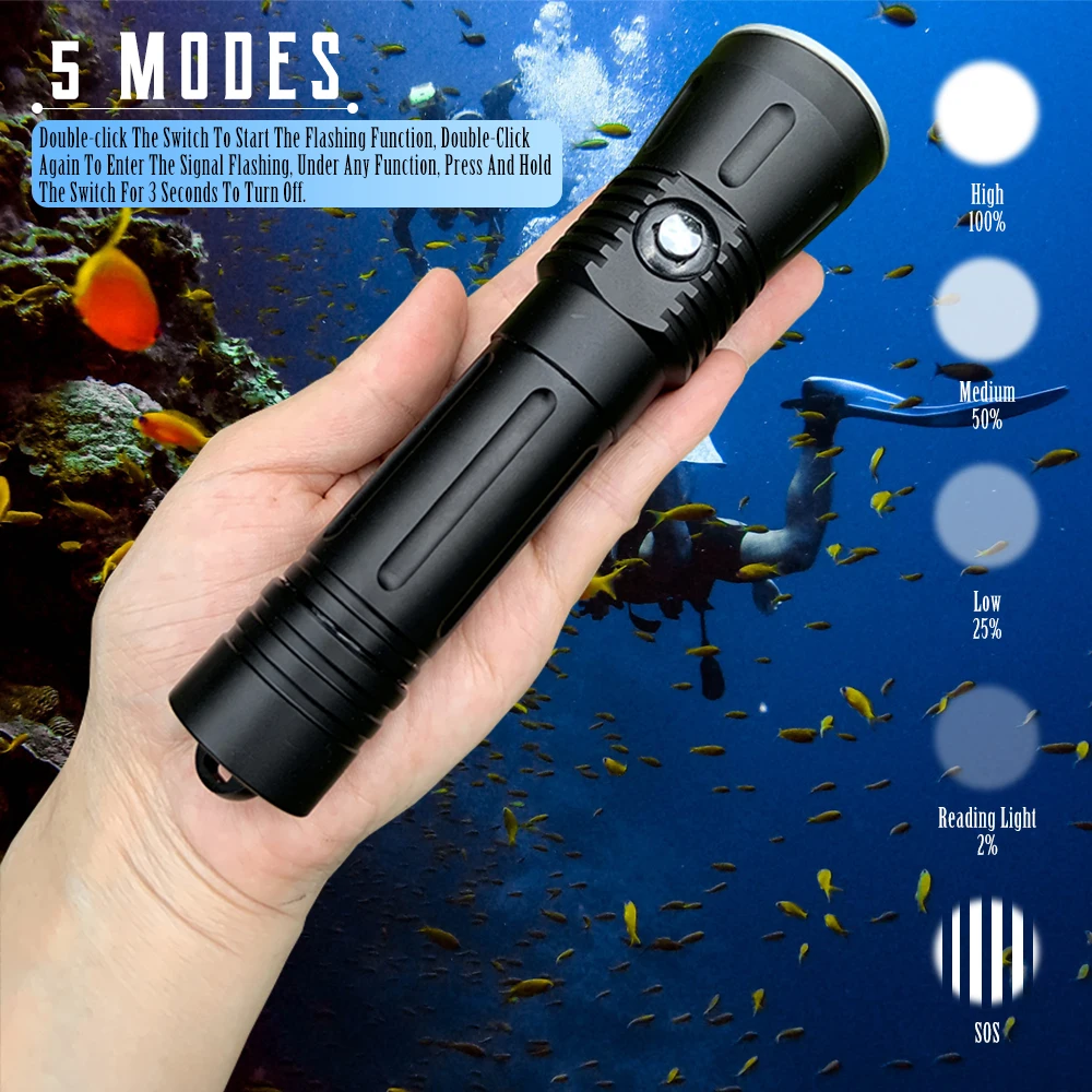 Asafee 2000LM LED Scuba Diving Flashlight SST40 IPX8 Waterproof Dive Torch Lamp Underwater 100M Spearfishing Light