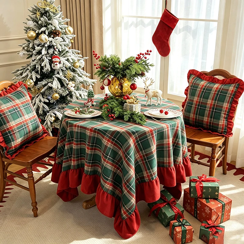 Vintage Buffalo Plaid Ruffle Tablecloth Round Washable Fabric for Kitchen Dining Baby Shower Wedding Christmas Table Decorations