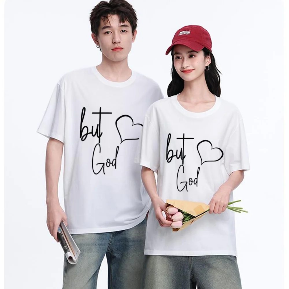 But God Cross Heart Quote Letter Tee Printed T Shirt Breathable Fabric Unisex Fit Personalized Custom T Shirt Casual Short Sleev