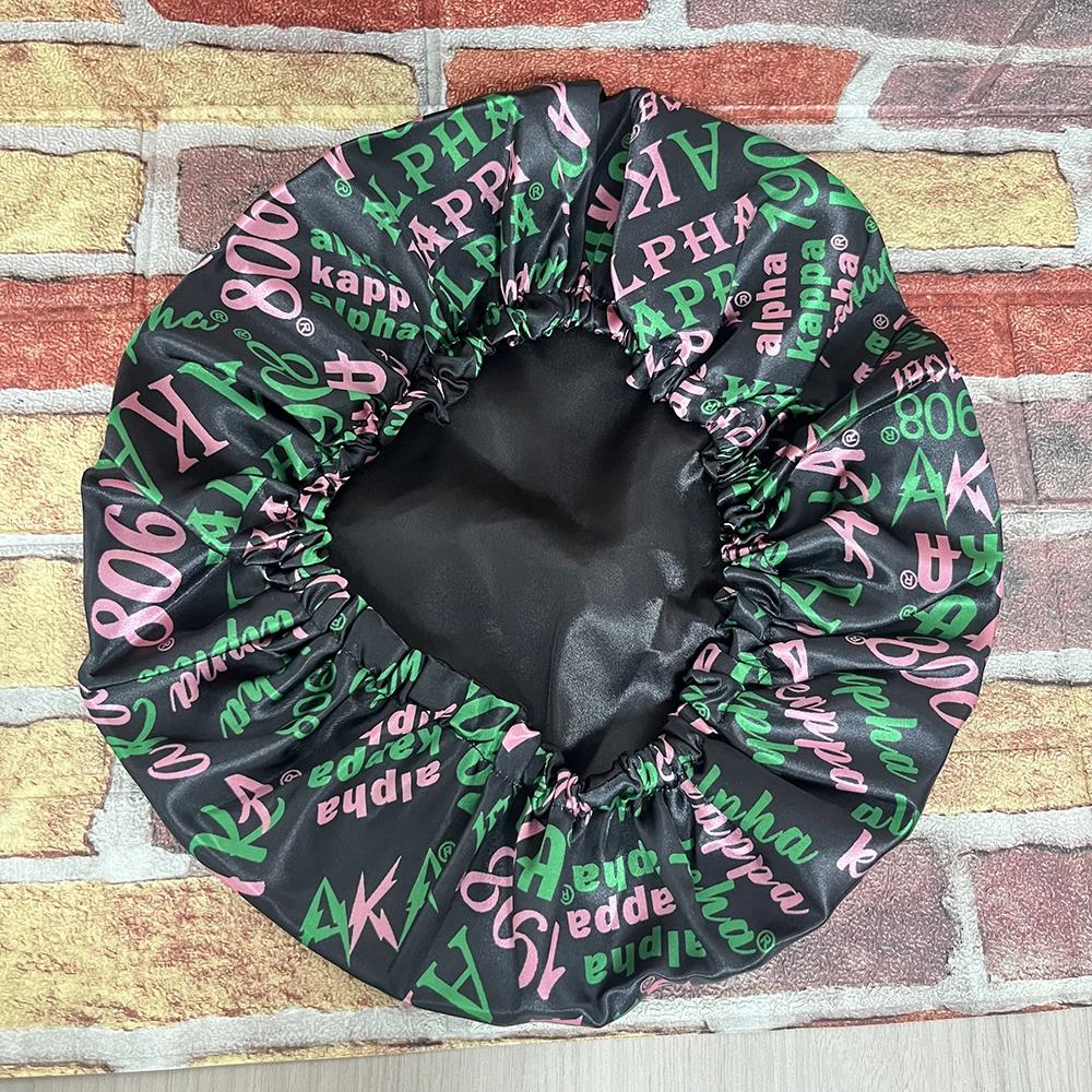 Alpha Pink and White Shower Cap Features Organization Name and Feminine Greek Letters