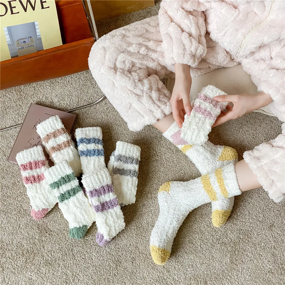 1PR No Lint Coral Fleece Socks Female Winter Velvet Sport Home Floor Socks Sleep Warm Mid-Calf Length Socks Two-Bar