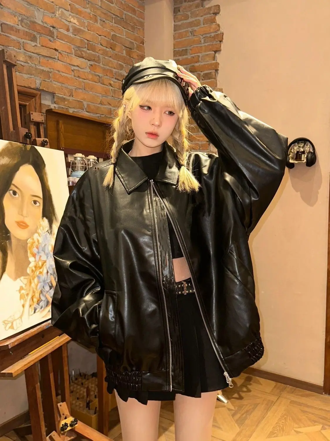 Czarna koreańska kurtka ze skóry PU damska High Street Retro motocyklowa kurtka skórzana damska luźna codzienna modna letnia kurtka skórzana