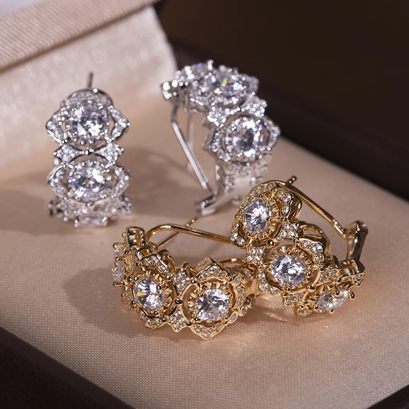 Bellux Vintage Hollow Multi-Layer Flower Clip Earrings Silver Gold Plated Inlaid Shiny Round Zircon Earrings Ladies Jewelry