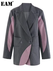 [EAM] Donna Grigio Color-block Pocket Blazer casual di grandi dimensioni Nuovo risvolto Giacca a maniche lunghe Moda Marea Primavera Autunno 2024 CPG1822