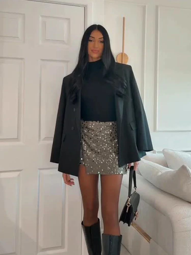 HH Women Autumn Fashion Sequined Asymmetrical Decoration Mini Skirt Solid A-line Side Zipper Lining Women Slim Short Skirts