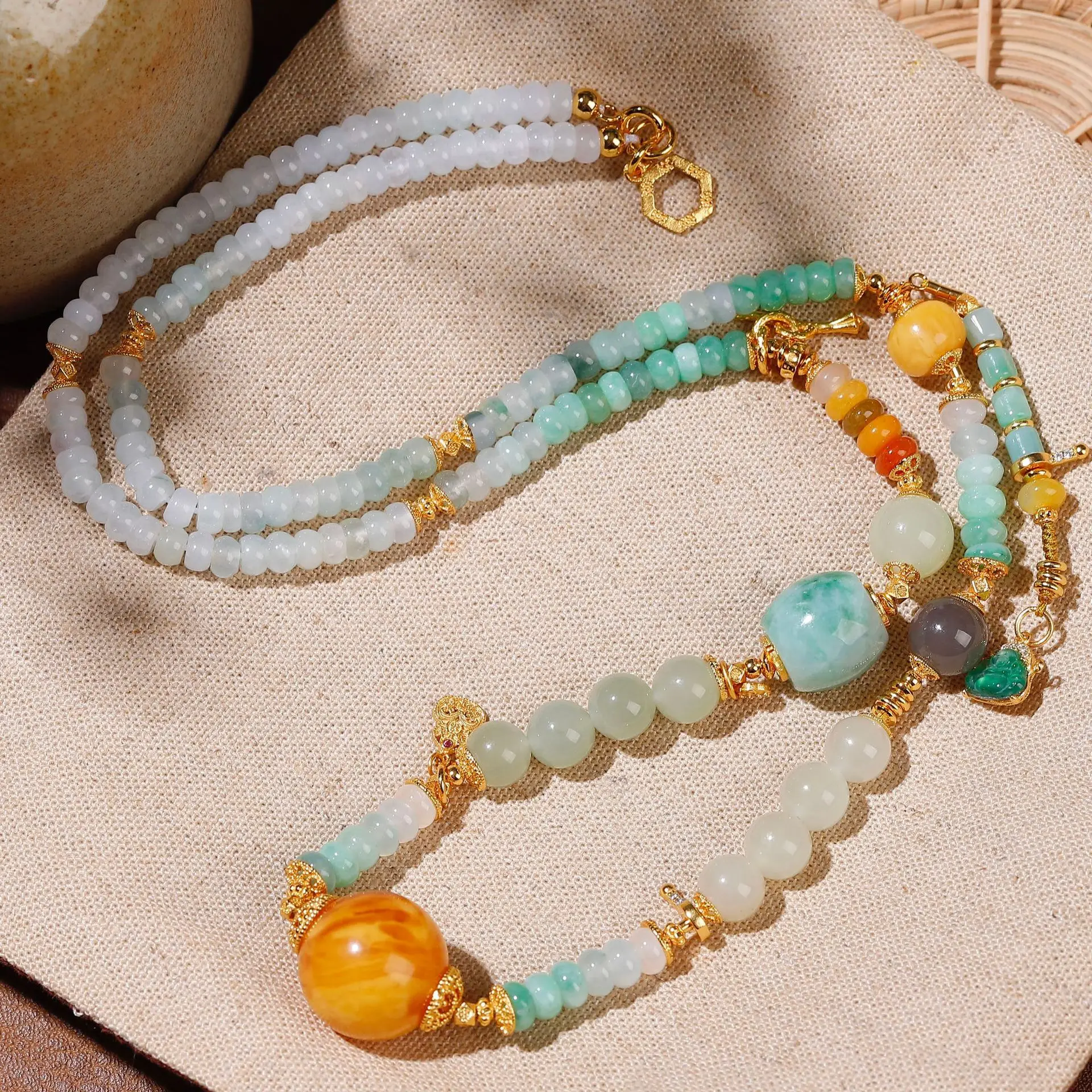 Natural Grade-A Gradient Jadeite Long Necklace, 925 Silver Amber Hetian Jade, Chinese Style Jade Jewelry Gift for Women