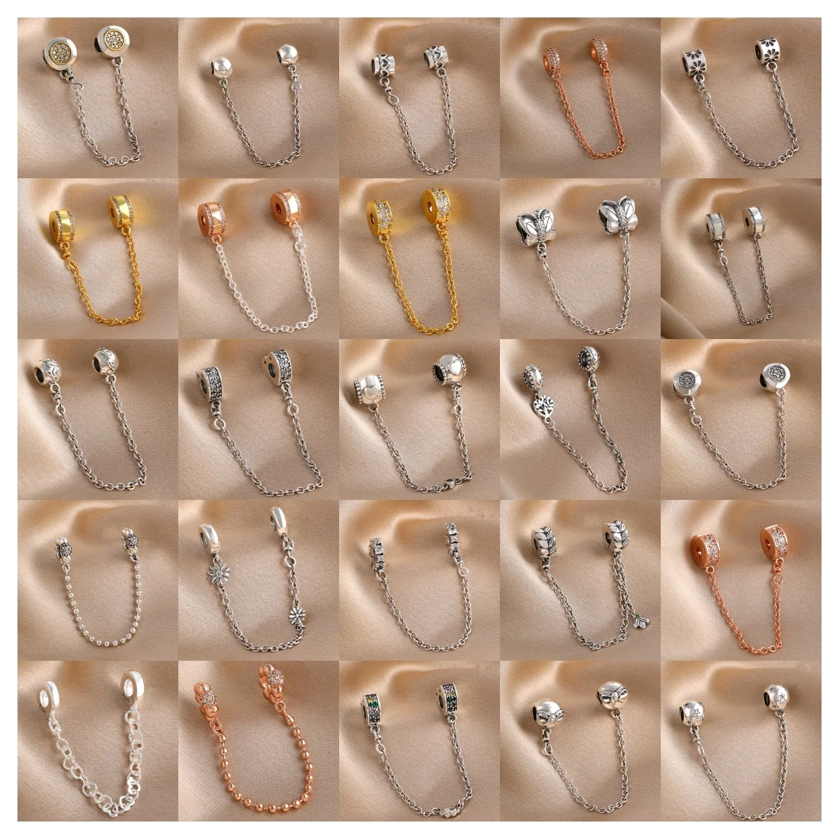 

S925 Silver Safety Chain Charms Fit European Bracelet Butterfly Heart Star Zircon Beads DIY Jewelry Gift For Women
