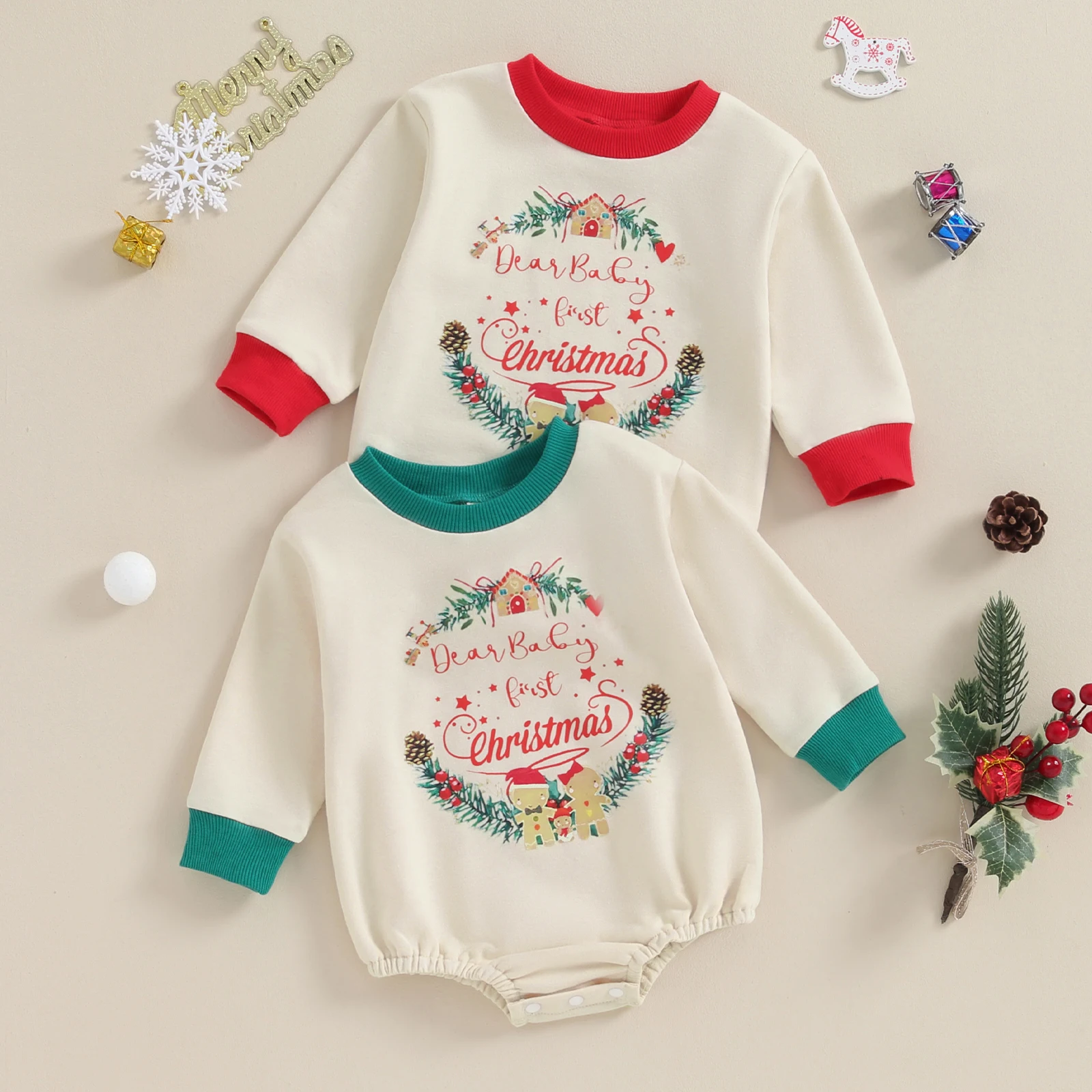 EWODOS Baby Kids Christmas Bodysuits Casual Long Sleeve Crew Neck Tree Letter Print Bodysuit Newborn Baby Winter Playsuits