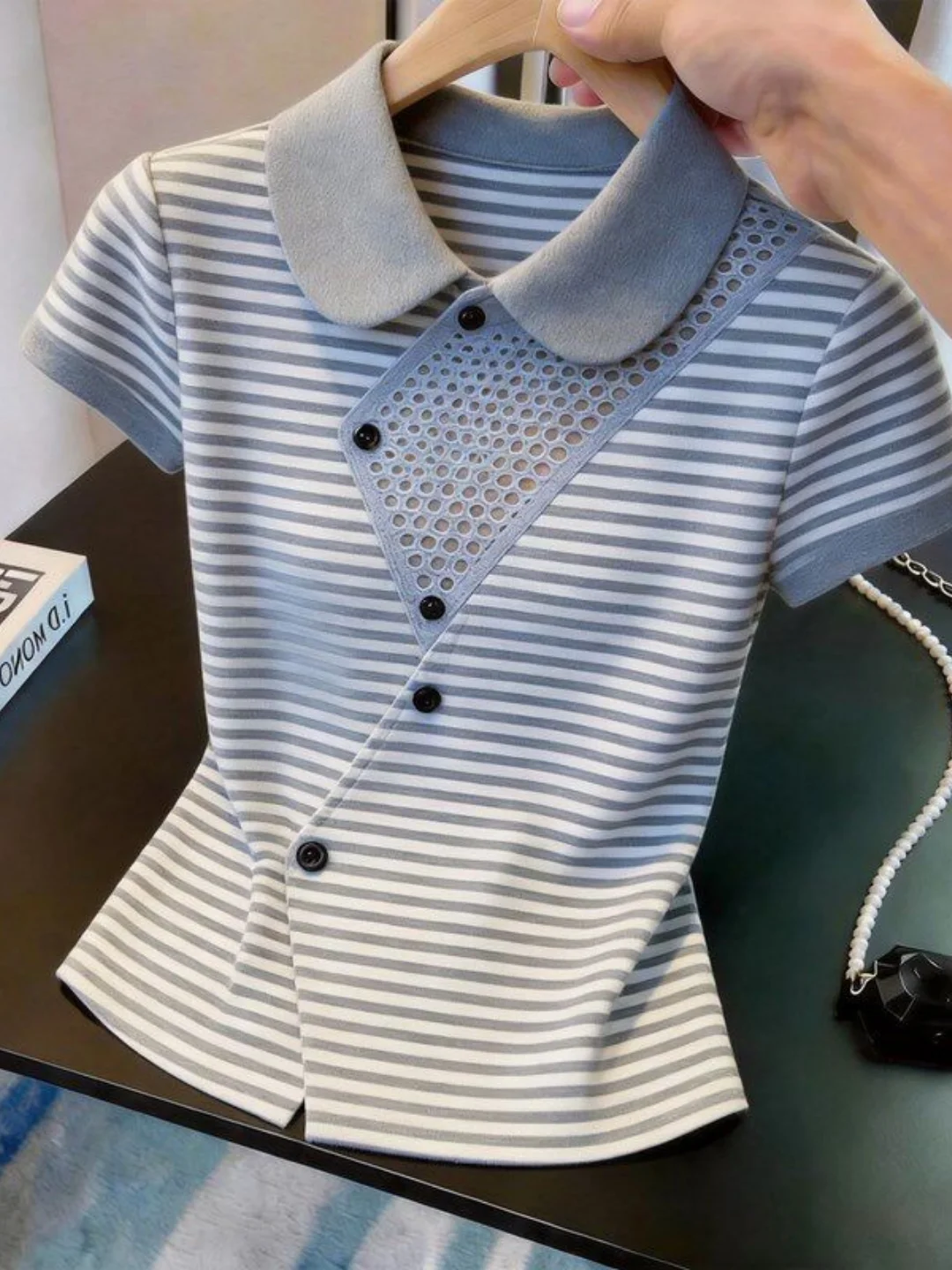 Elegant Striped Women's T-shirt Lazy Style Casual Fashion Summer New Arrival Breathable Short Sleeve Flip Collar High Waist