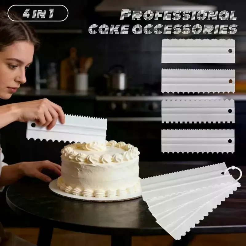 4pcs Cake Decorating Comb Cake Spatula Cream Decoration Pastry Paint Comb Dough Cutter Bakeware Double-Sided Cake Scraper
