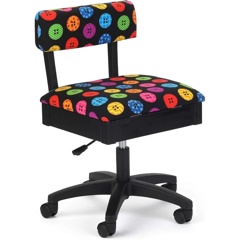 Adjustable Height Hydraulic Sewing and Craft Chair with Under Seat Storage and Printed Fabric, Bright Button Fabric Print