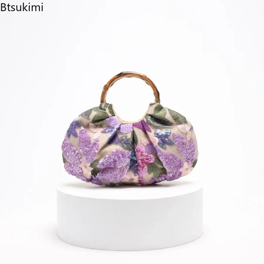 Chinese Style Bamboo Handle Sequins Design Handbags for Women Retro Fashion Embroidery Flower-patterned Beach Vacation Tote Bags