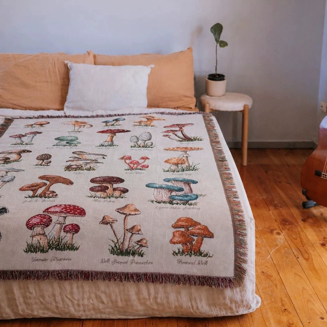 Vintage Mushroom Pattern Soft Knitted Blanket Jacquard Rustic Style Year-Round Tapestry For Home Decor Gifting Dropshipping