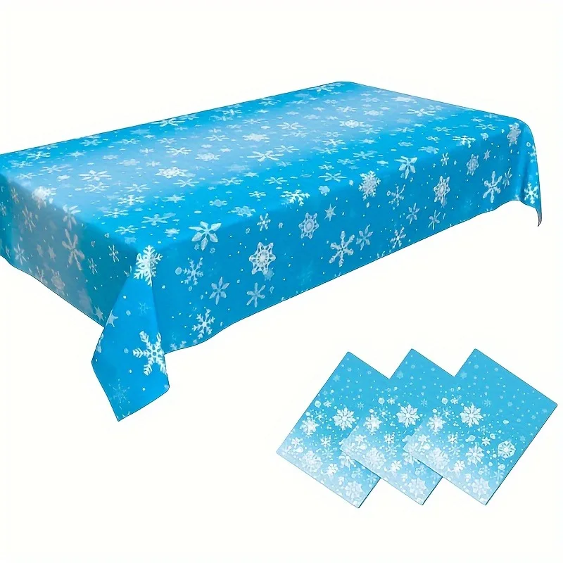 1PC Christmas Snowflake Tablecloths -Blue & White Plastic Table Covers for Holiday Dining, Winter Wonderland Party Decorations