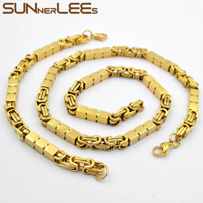 SUNNERLEES 316L Stainless Steel Necklace Bracelet Set 7mm Geometric Byzantine Link Chain Silver Color Gold Plated Unisex SC187 S