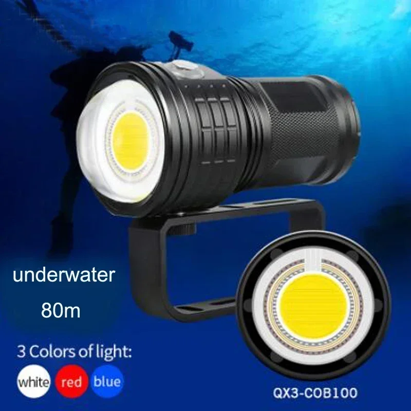 QX3 Underwater 80m COB LED Dive Torch Ultra Bright Diving Flashlight Scuba IPX8 Waterproof Photography White Blue Red Light Lamp