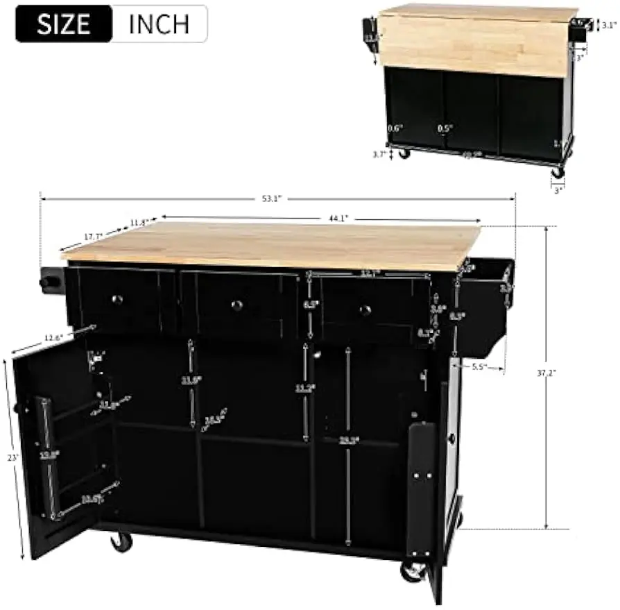 Kitchen Island on Wheels Mobile Kitchen Cart with Drop Leaf Rolling Island Cabinet with Storage Cabinet & 3 Drawers, Spice Rack