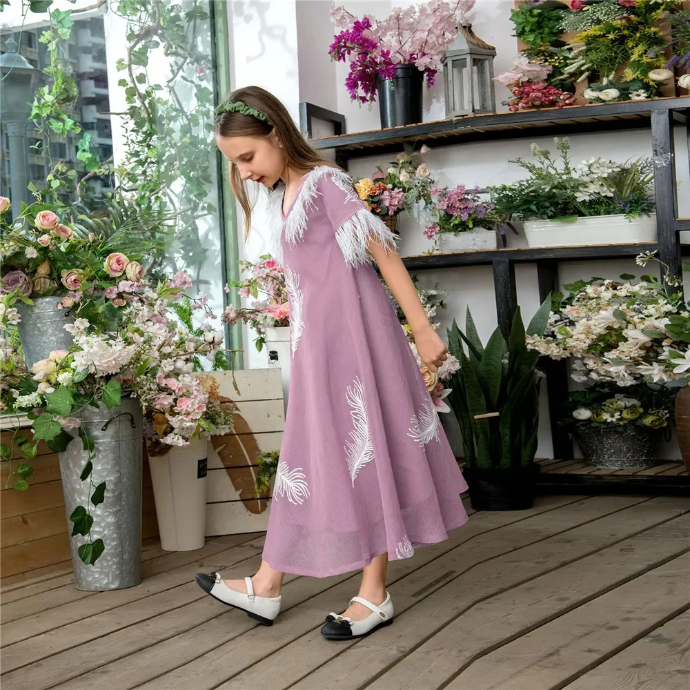 イード・ジェラバ　ムスリムキッズガールズ　マキシドレス　フェザーアバヤ　ドバイ　トルコ　カフタン　イスラム子供服　ジャラビーヤ　アラブローブ　カフタン　モロッコ風ガウン