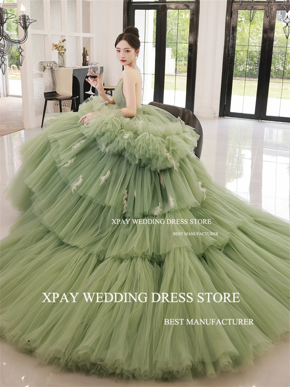 XPAY Luxury Sage Green Ball Gown Spaghetti Straps Korea Tiered Evening Dresses  Formal Prom Gown Photo Shoot Wedding Party Dress