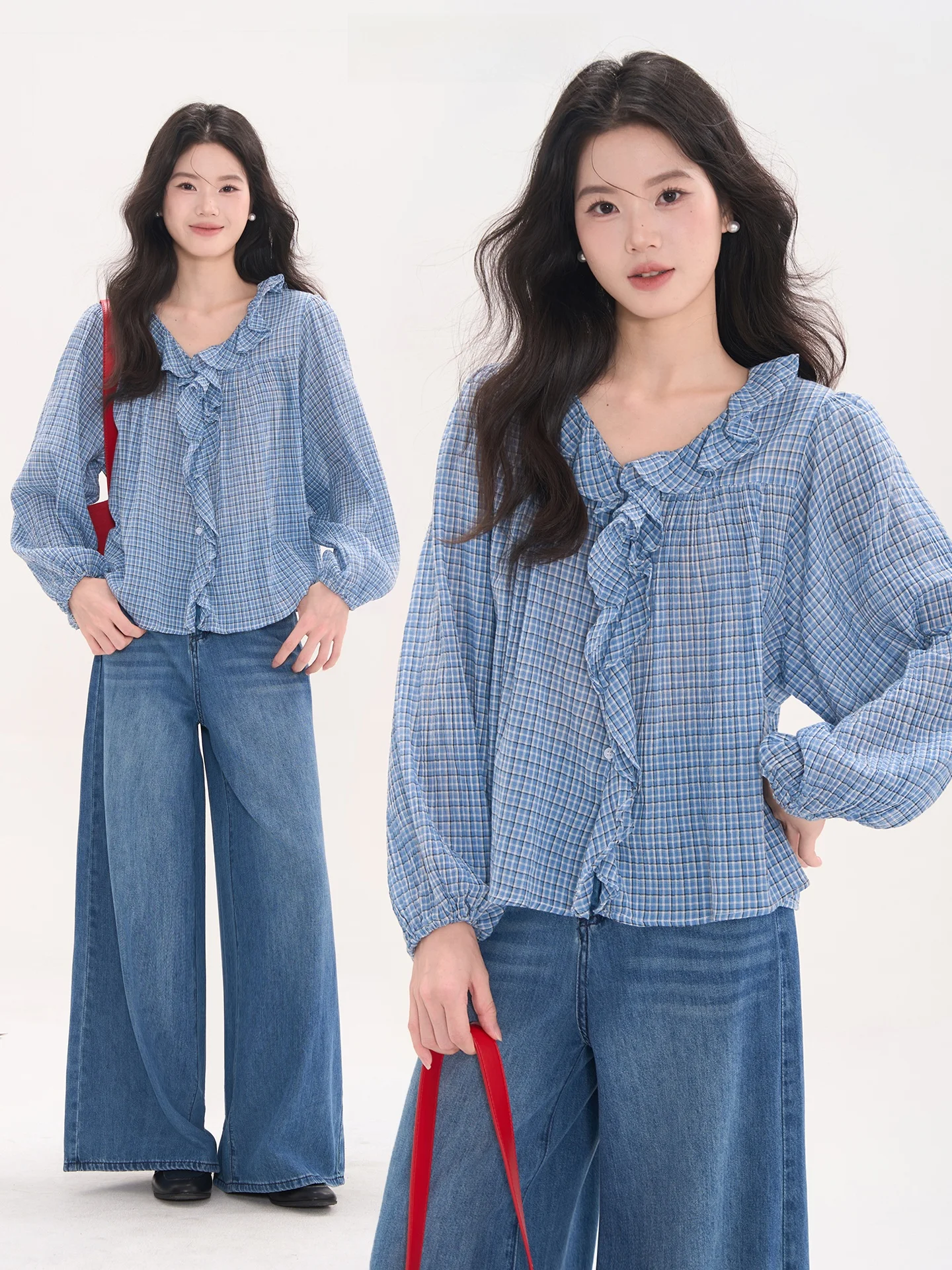 

Heme Long Sve V-Ne Plaid irt Women Spring Breathable Cotton Korean Sle Loose Fit Button up Floral Lace Hemline Top