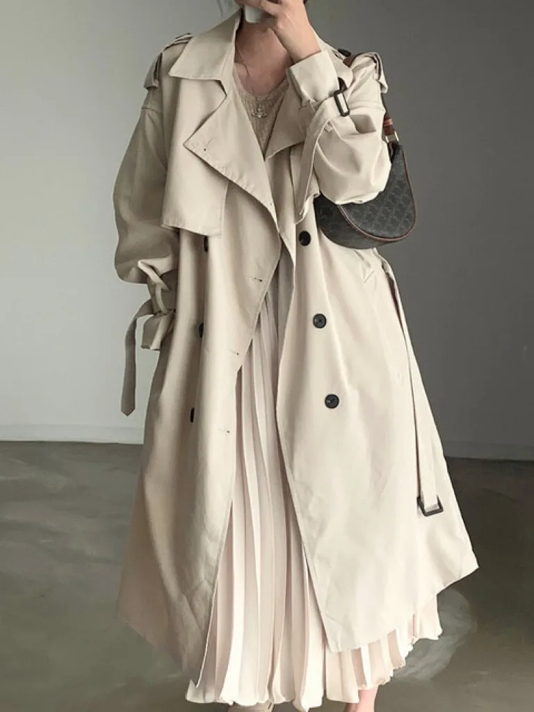 Ele Langer zweireihiger, lockerer Freizeitmantel, Herbst-Winter-Chic-Oberbekleidung für Damen, Pendeln, Pure E-Commerce S