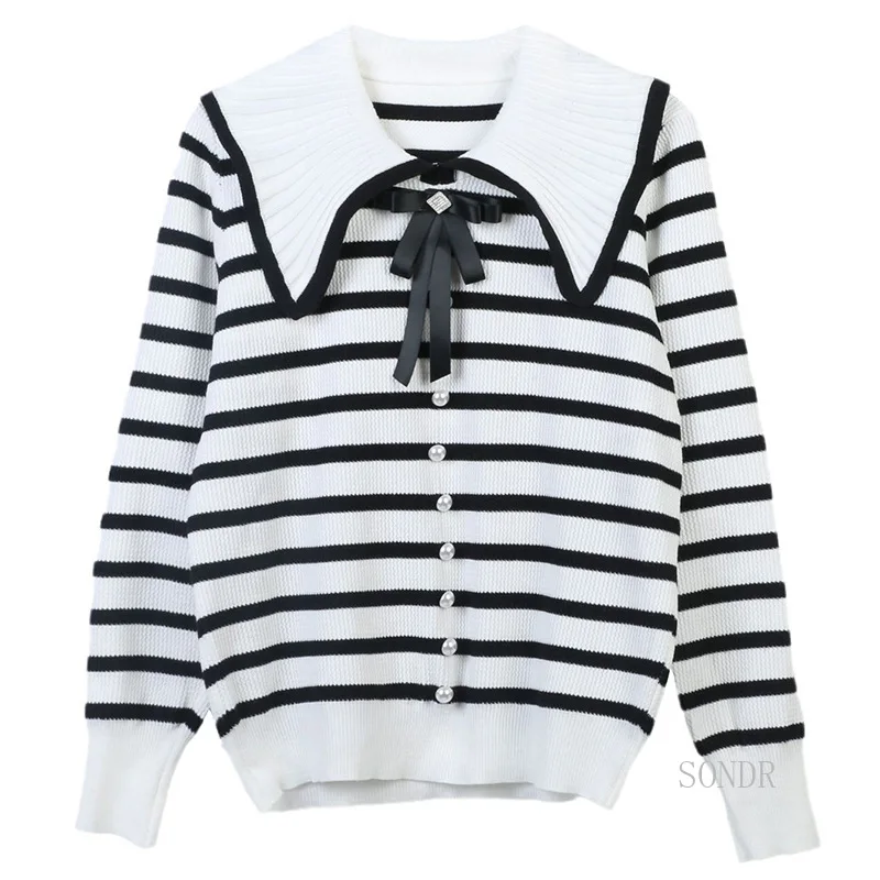 

Doll Neck Bow Striped Sweater 2023 Autumn Winter Pullover Women Peter Pan Collar Long Sleeve Knitted Shirt Korean Fashion Tops