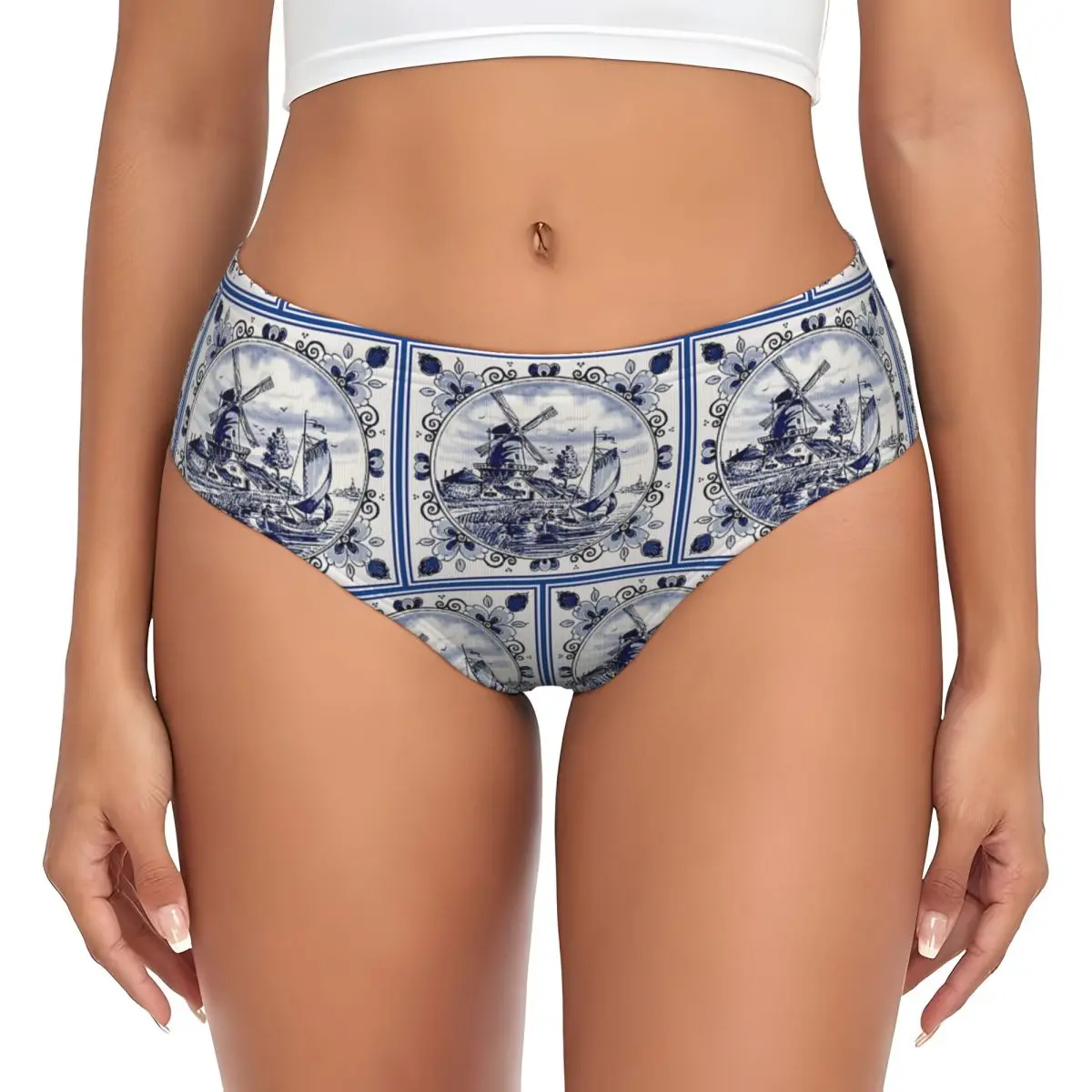 Custom Dutch Blue Delft Vintage Windmill Print Panties Briefs Women's Comfort Briefs Underwear Breathable Female Underpants