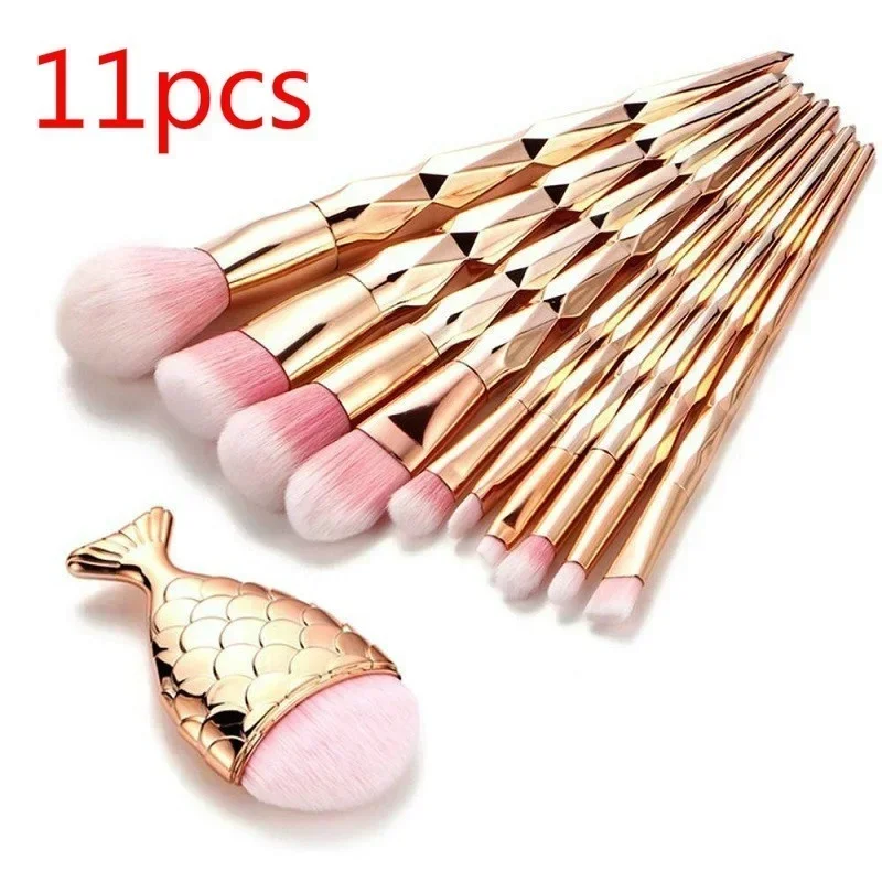 11pcs Diamond Rose Gold Makeup Brush Set Mermaid Fishtail Shape Foundation Powder Cosmetic Brush Rainbow Eyeshadow Brush Set