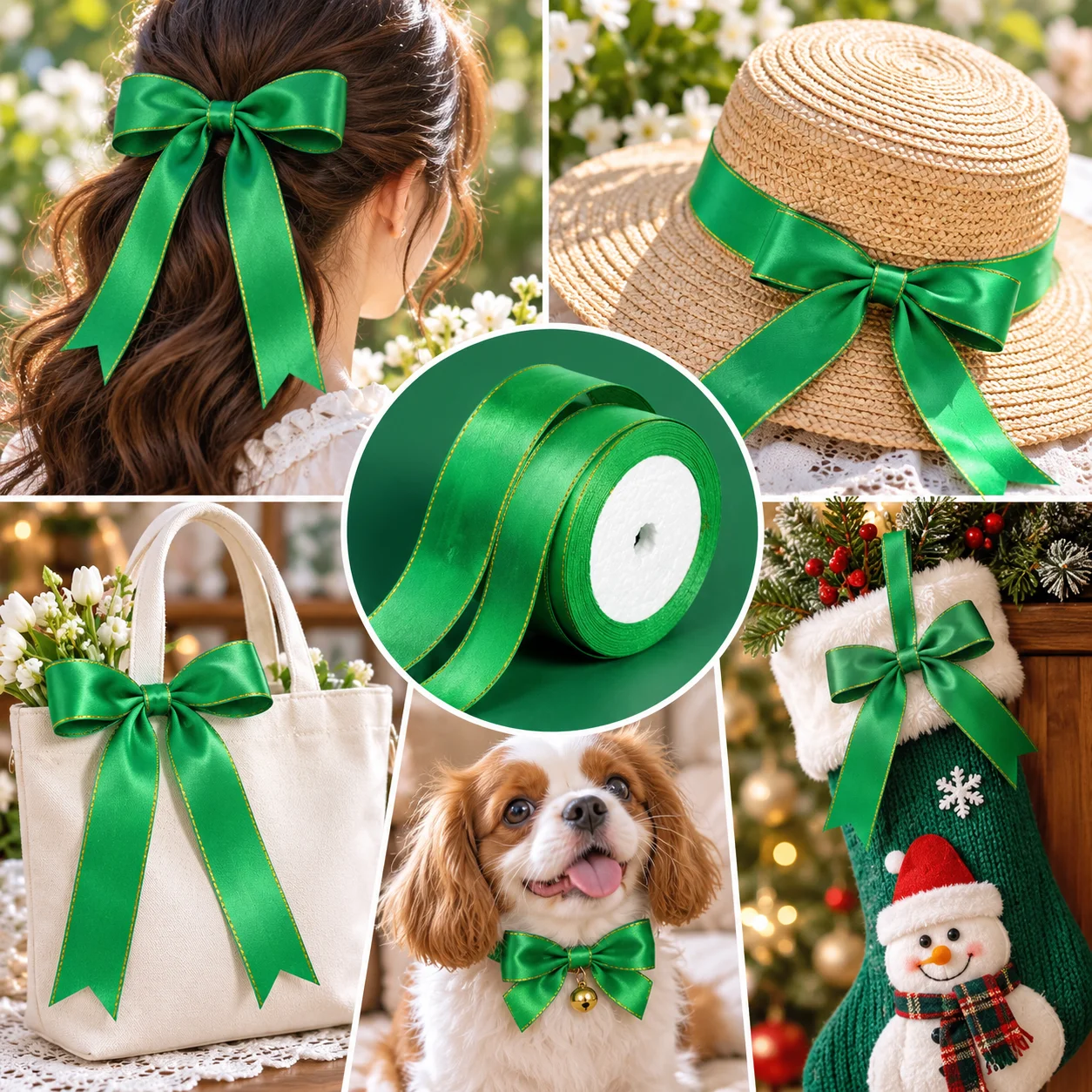 Gold Edge Green Satin Ribbon, Polyester Decorative Ribbon for Christmas Wedding Gift Box Wrapping, DIY Crafts Bows Making