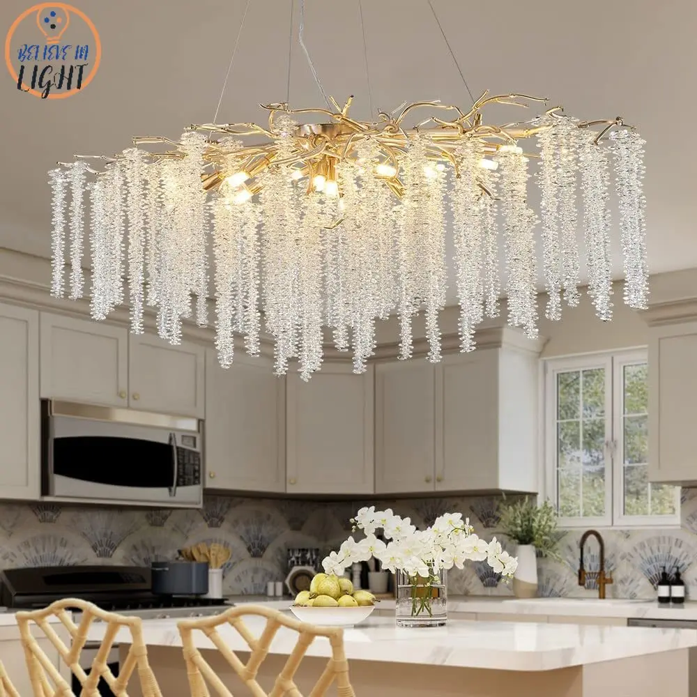 Crystal Tassel Dining Table Chandelier for Dining Room Rectangle Hanging Lights Fixtures Island Branch Pendant Lamp Gold Silver