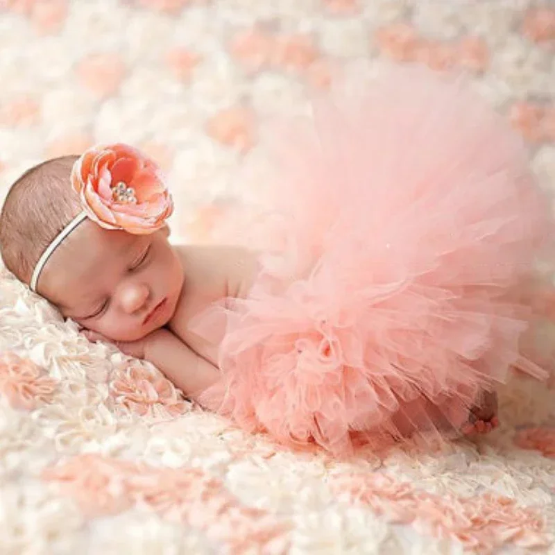 Newborn Photography Props Flower Headband Chiffon Solid Baby Tutu Skirt Suit Cute Babies Girls Short Dress Clothing Studio Photo