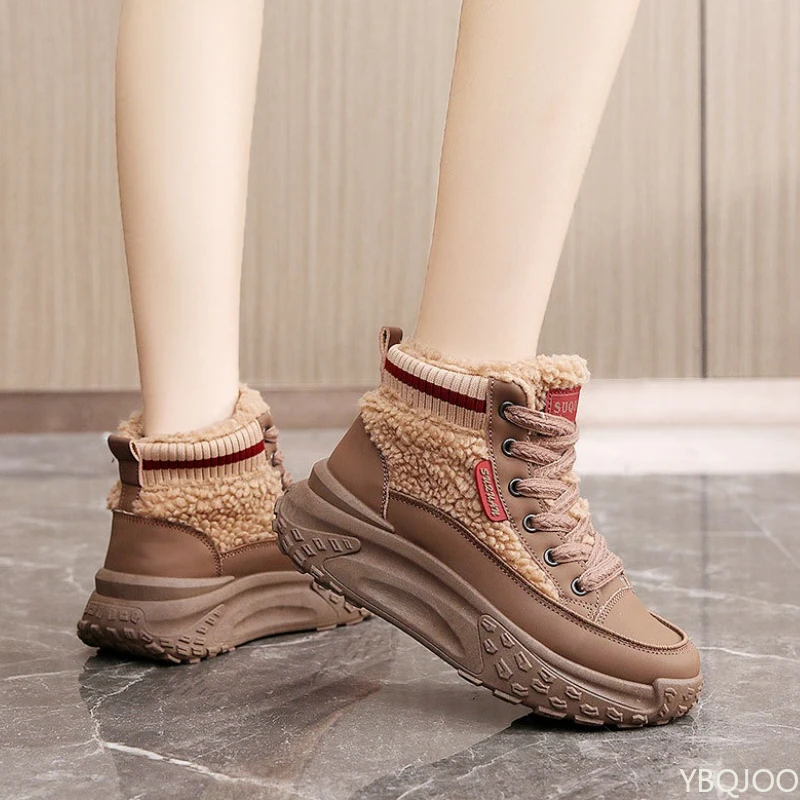 Neue Herbst-Winter-Baumwollschuhe mit warmer, hoher Farbblockierung, Plüsch, höhenvergrößernd, einfache, bequeme Damenschuhe