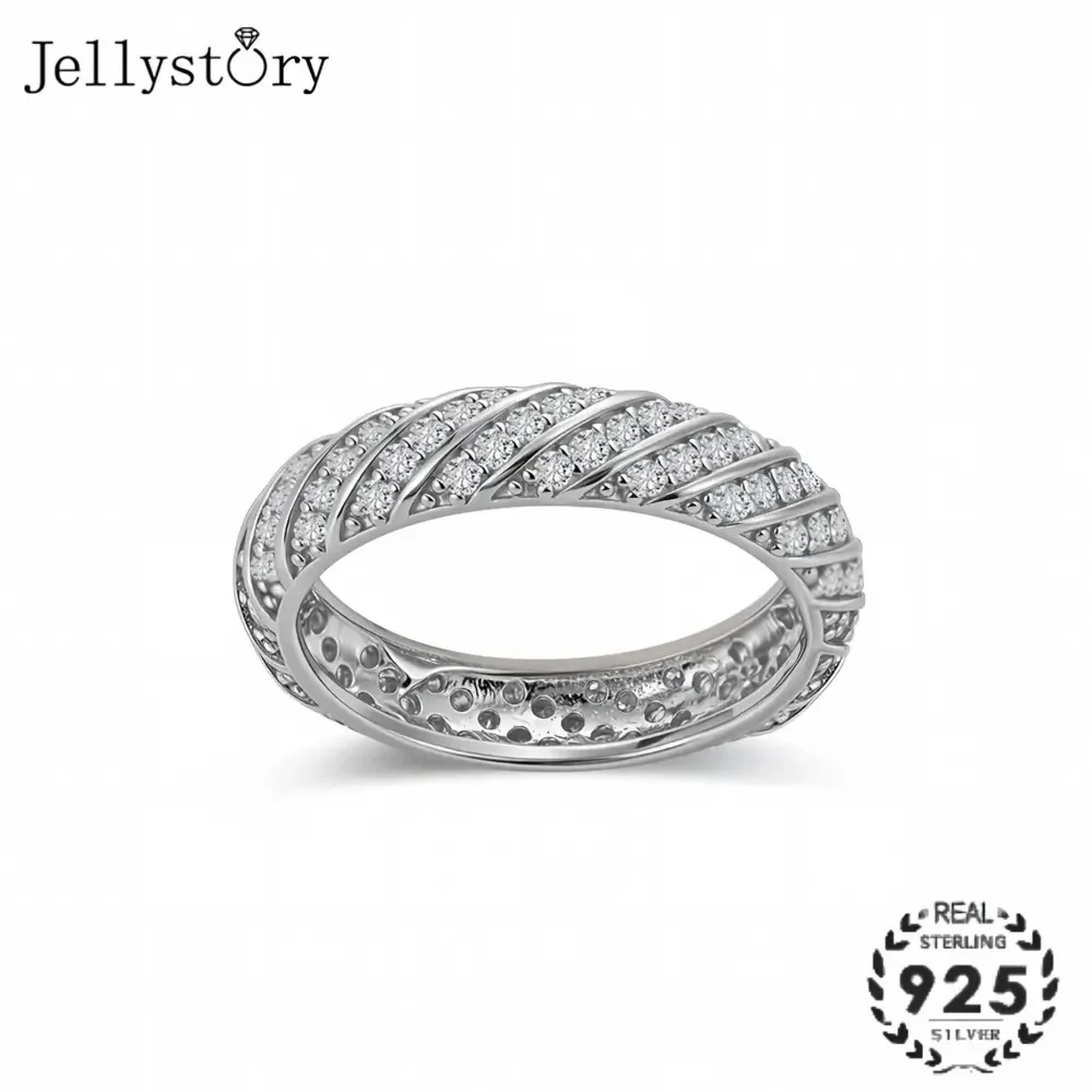 

JellyStory S925 Silver Threaded Band, Full Inlaid Moissanite Minimalist Design, Cool and Elegant Jewelry for Daily Wear