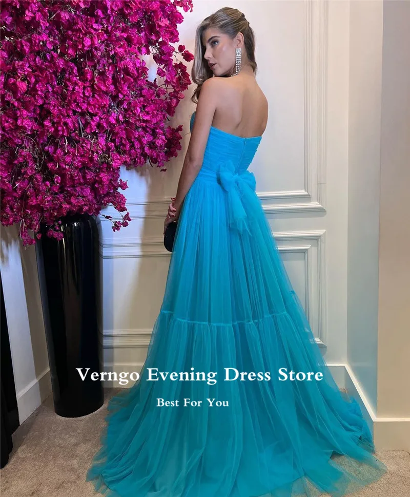 Verngo Sky Blue Tüll Lange Prom Kleider Schatz Tiered EINE Linie Frauen Abendkleider Bodenlangen Formale Event Kleid