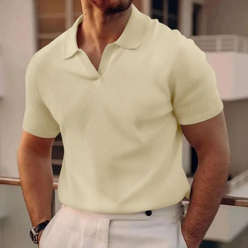 24 cross-border European and American summer AliExpress Amazon new polo shirt lapel V-neck waffle short sleeve men's T-shirt image 2