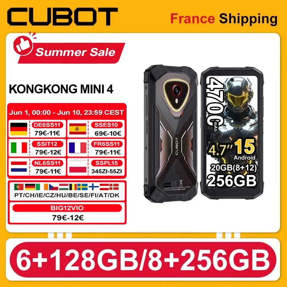 Cubot KingKong Mini 4, smartphone robuste sous Android 15, écran 4,7 pouces, 90 Hz, batterie 4700 mAh, 6 Go + 128 Go ou 8 Go + 256 Go, NFC, appareil photo 48 MP, lampe torche pour le camping