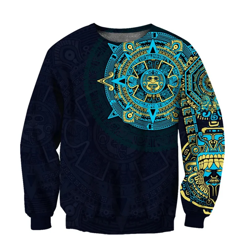 New In 3D Printed Mexican Aztec Warrior Sweatshirt Cool Sportswear Casual Long Sleeves Hoodie Men Clothing Round Neck Pullovers