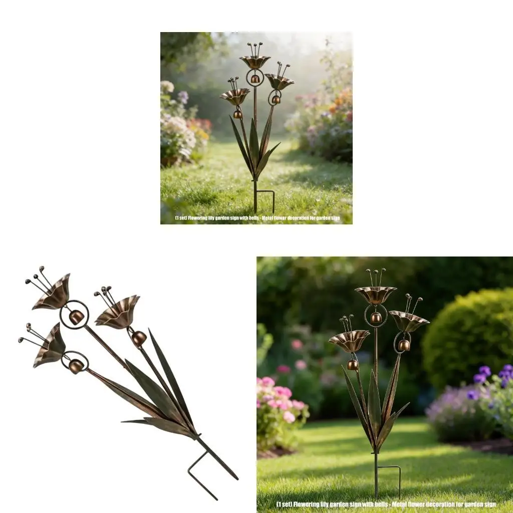 Metal flower yard stake with hanging drop pieces for pots and lawn edges 37JD