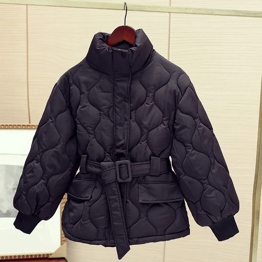 Korean Black Parkas Women Winter Coat Belt Warm Quilted Jacket Pockets Long Sleeve Women\'s Clothing Cotton-padded Outwear Mujer