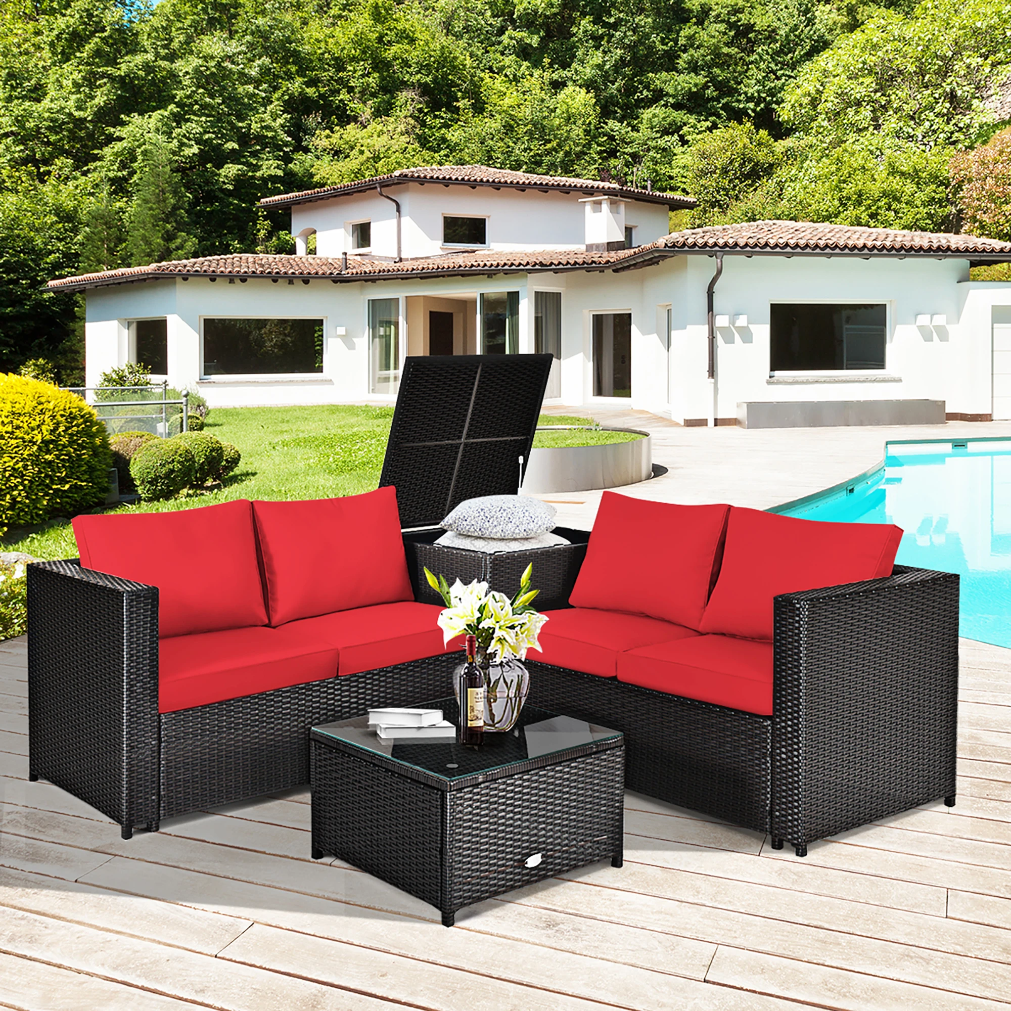 4PCS Outdoor Patio Rattan Furniture Set Cushioned Loveseat Storage Table Red