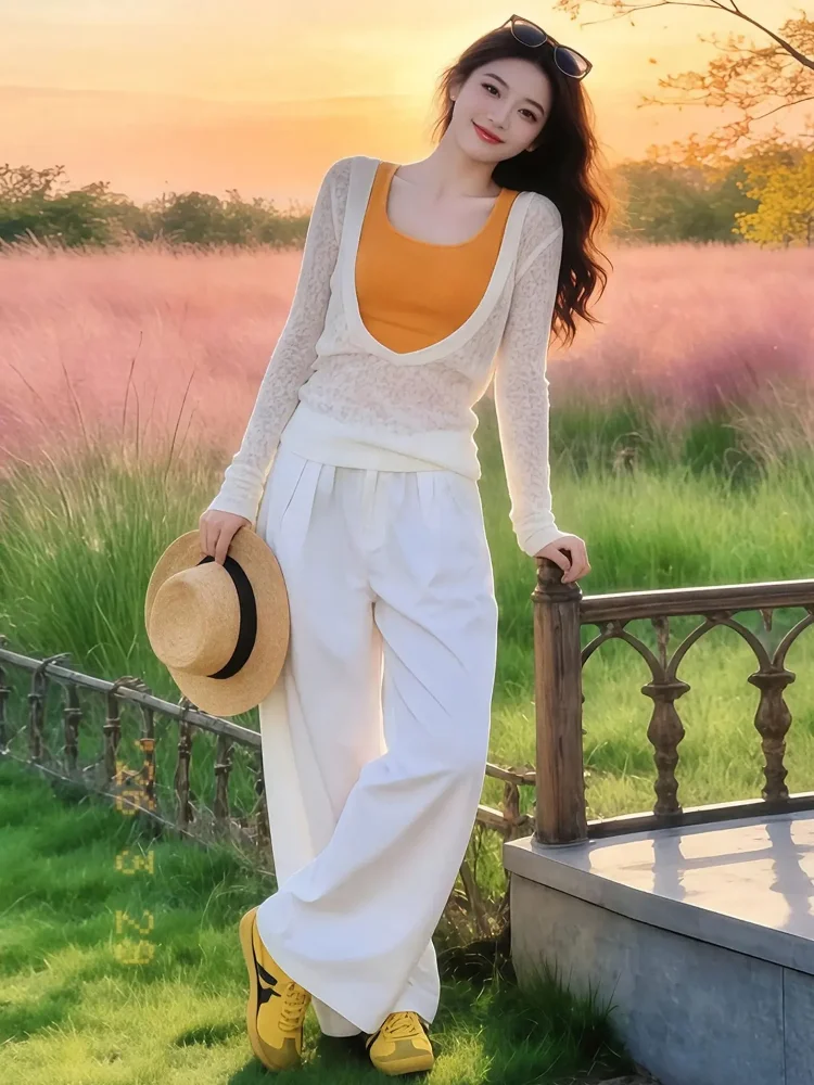 Orange U-Neck Vest Strap Long Sleeve Women's Style Semi-Transparent Slimming Cover up Summer T-Shirt Gentle Style Dopaamine T...