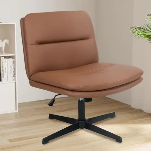 

Armless Office Desk Chair No Wheels, PU Leather Cross Legged Wide Padded Office Chair, Adjustable Swivel JOMA Mid Back Chair fo