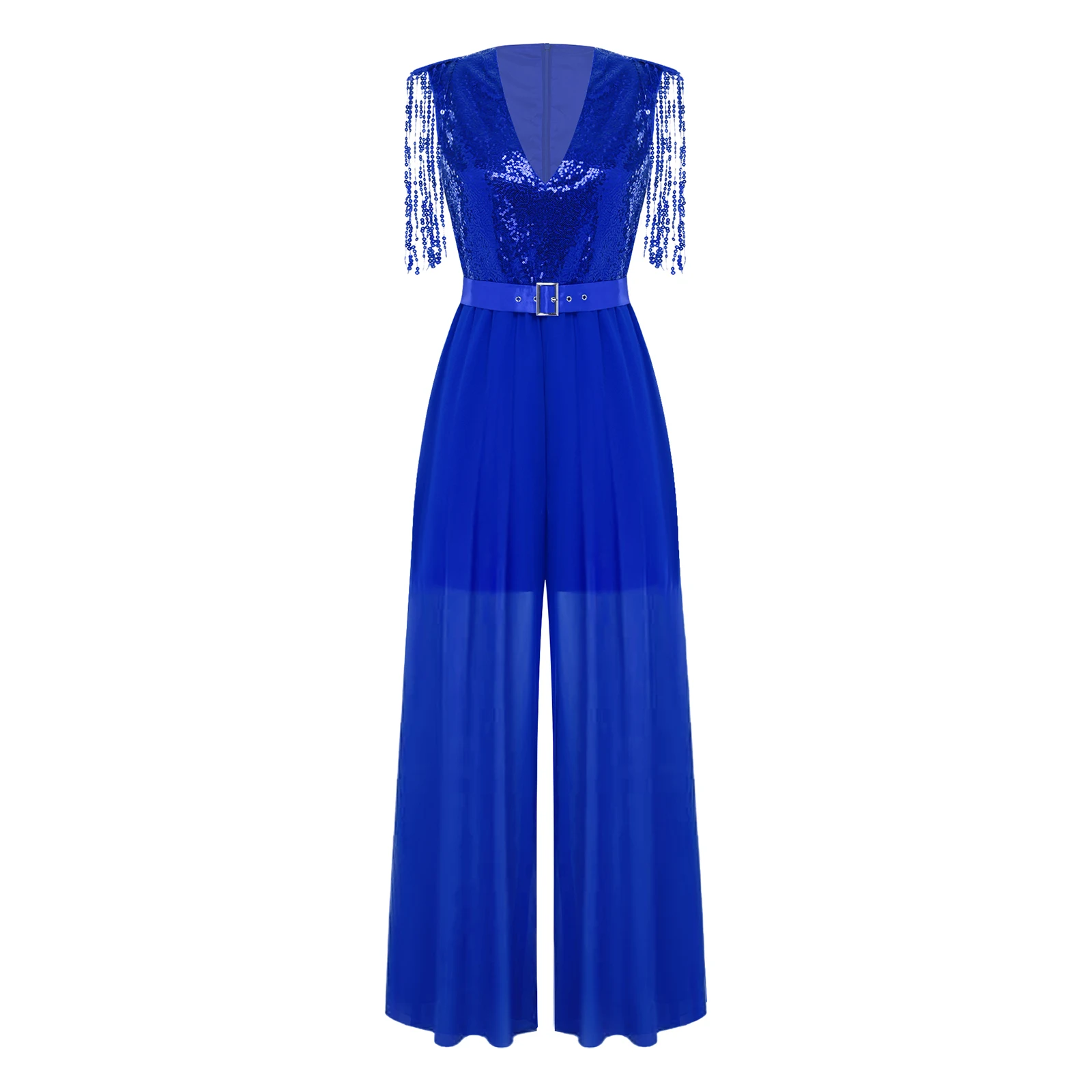 Women Shiny Sequin Tassel Sheer Chiffon Modern Lyrical Dance Party Jumpsuit Sleeveless Deep V Neck Wide-leg Bodysuit with Belt