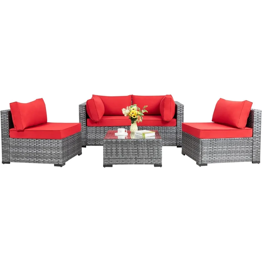 

5 Pieces Outdoor Patio Sectional Sofa Couch, Wicker Furniture Conversation Sets with Washable Cushions & Glass Coffee Table