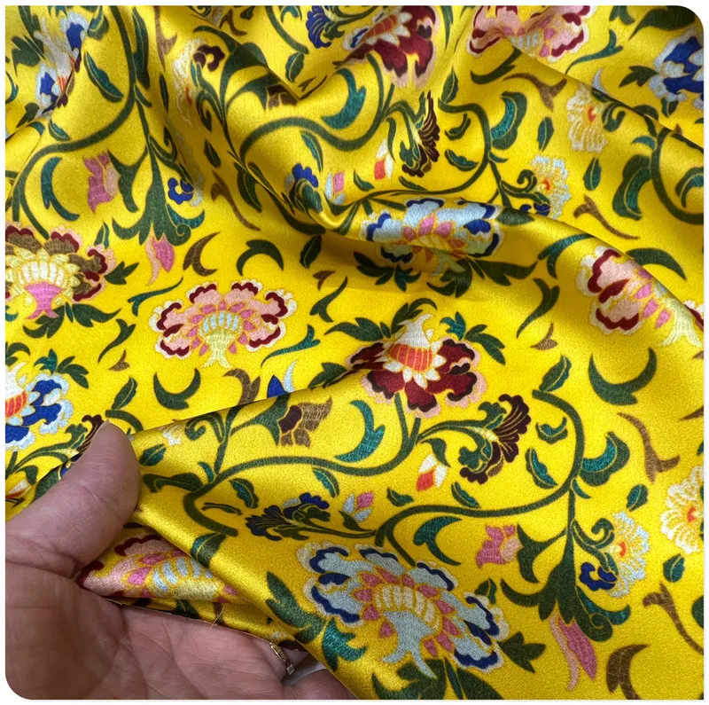 Yellow Background Flower 19 Momme Stretch Silk Fabrics Silkworm Filament Fabric Silky Summer Dress Cheongsam Clothing Fabric