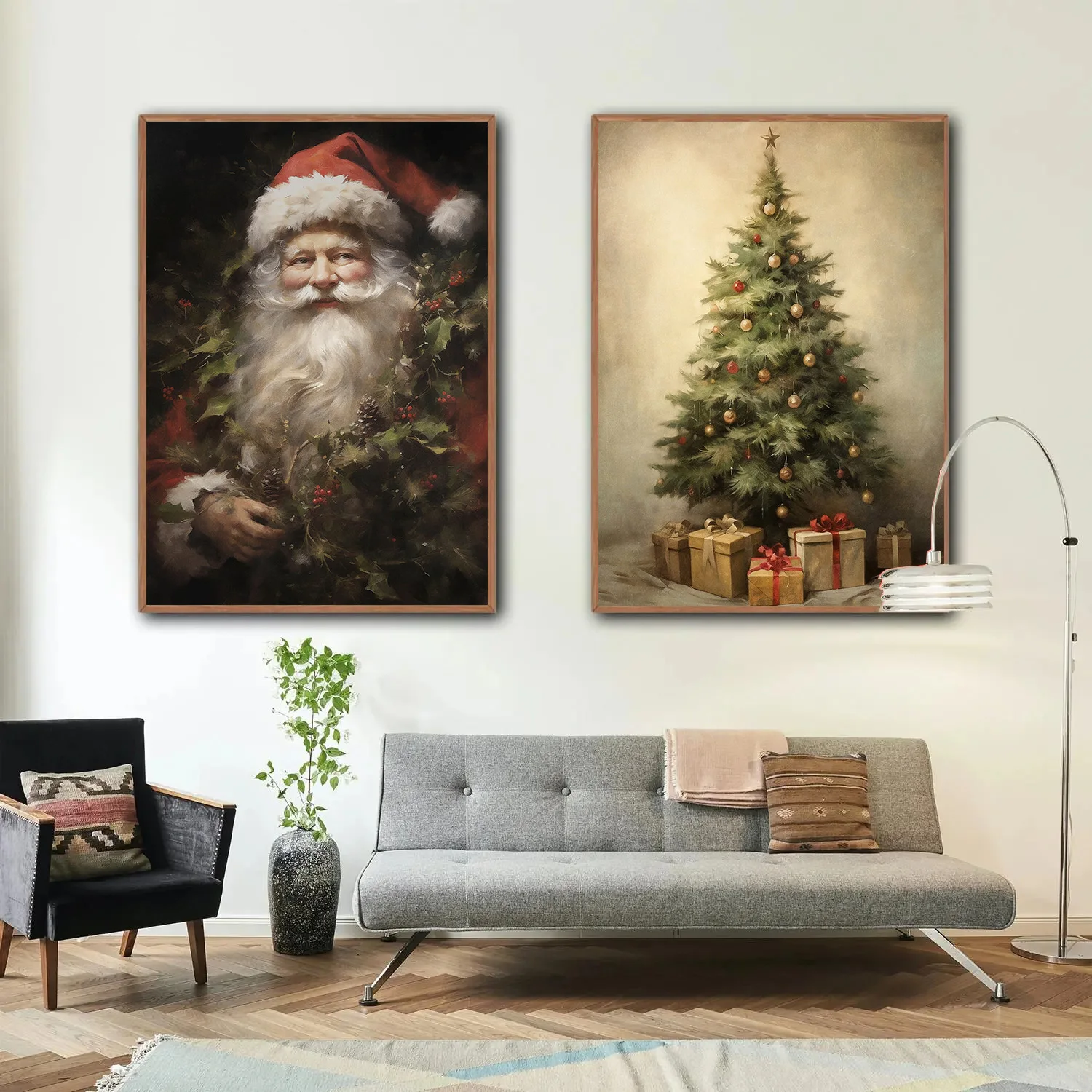 Vintage Santa Claus Portrait in Mistletoe Reading Letters Toy Cookie Poster Canvas Painting Wall Pictures Christmas Home Decor