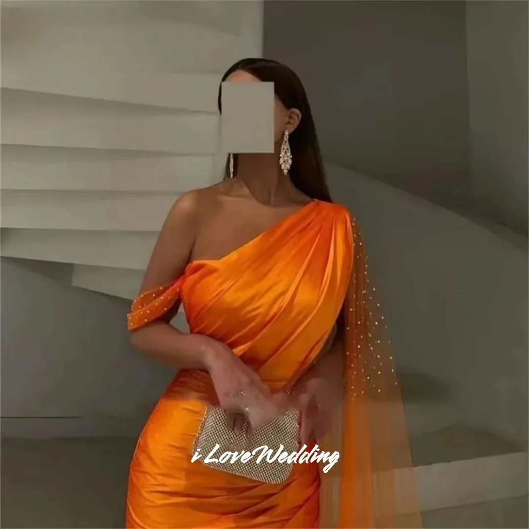 오렌지 원숄더 프롬 드레스 비즈 장식 숄 슬리브리스 머메이드 백리스 졸업 파티 드레스 주름 맞춤 제작