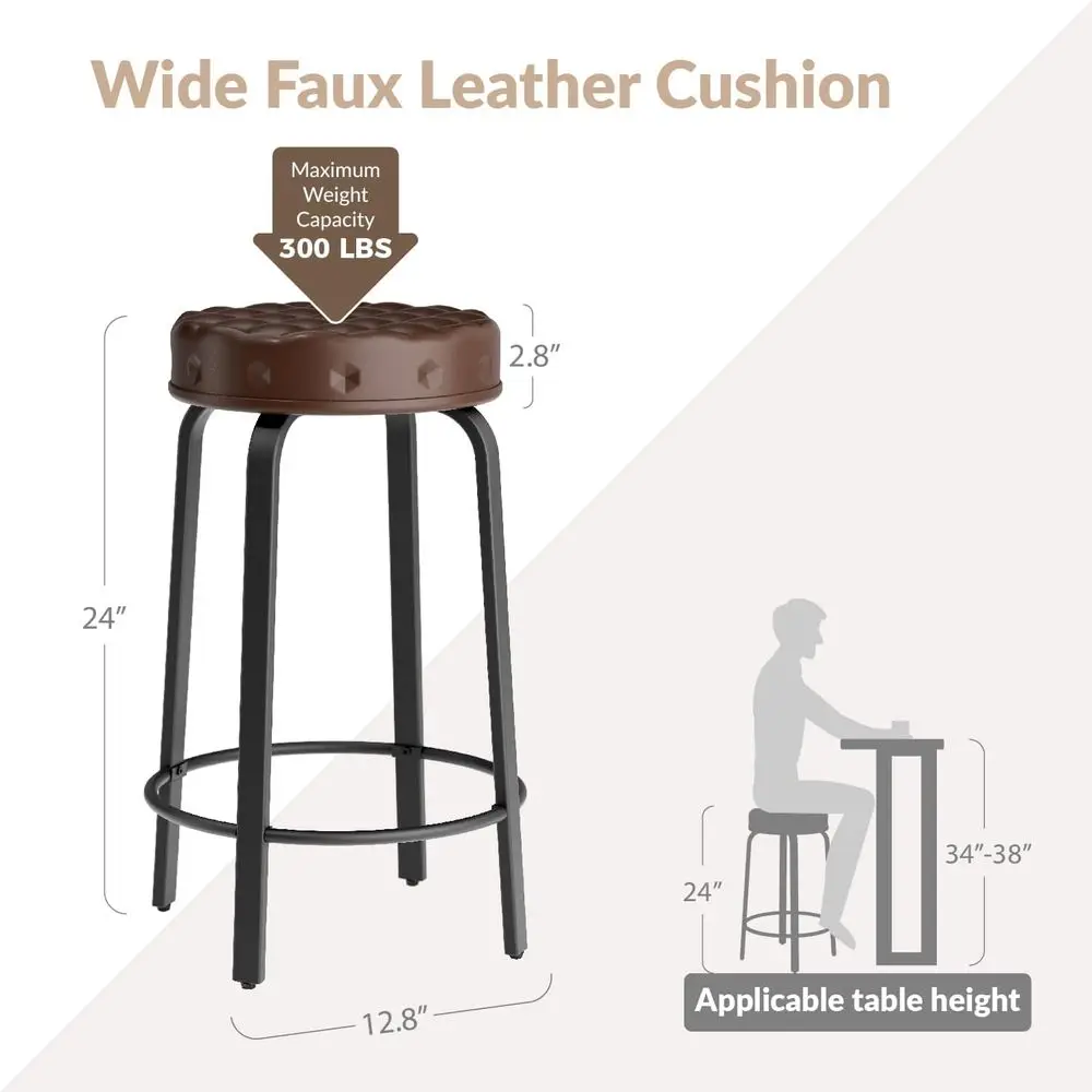 Set di 2, 24 sgabelli da bar alti impilabili in pelle PU, sedie imbottite rotonde senza schienale per cucina, sala da pranzo e caffè, marrone